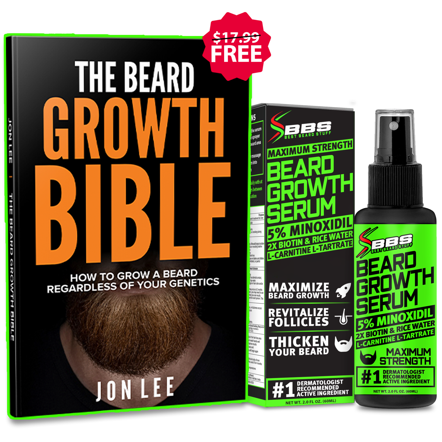 BBS Beard Growth Serum with Minoxidil, 2X Biotin, Rice Water, and LCLT