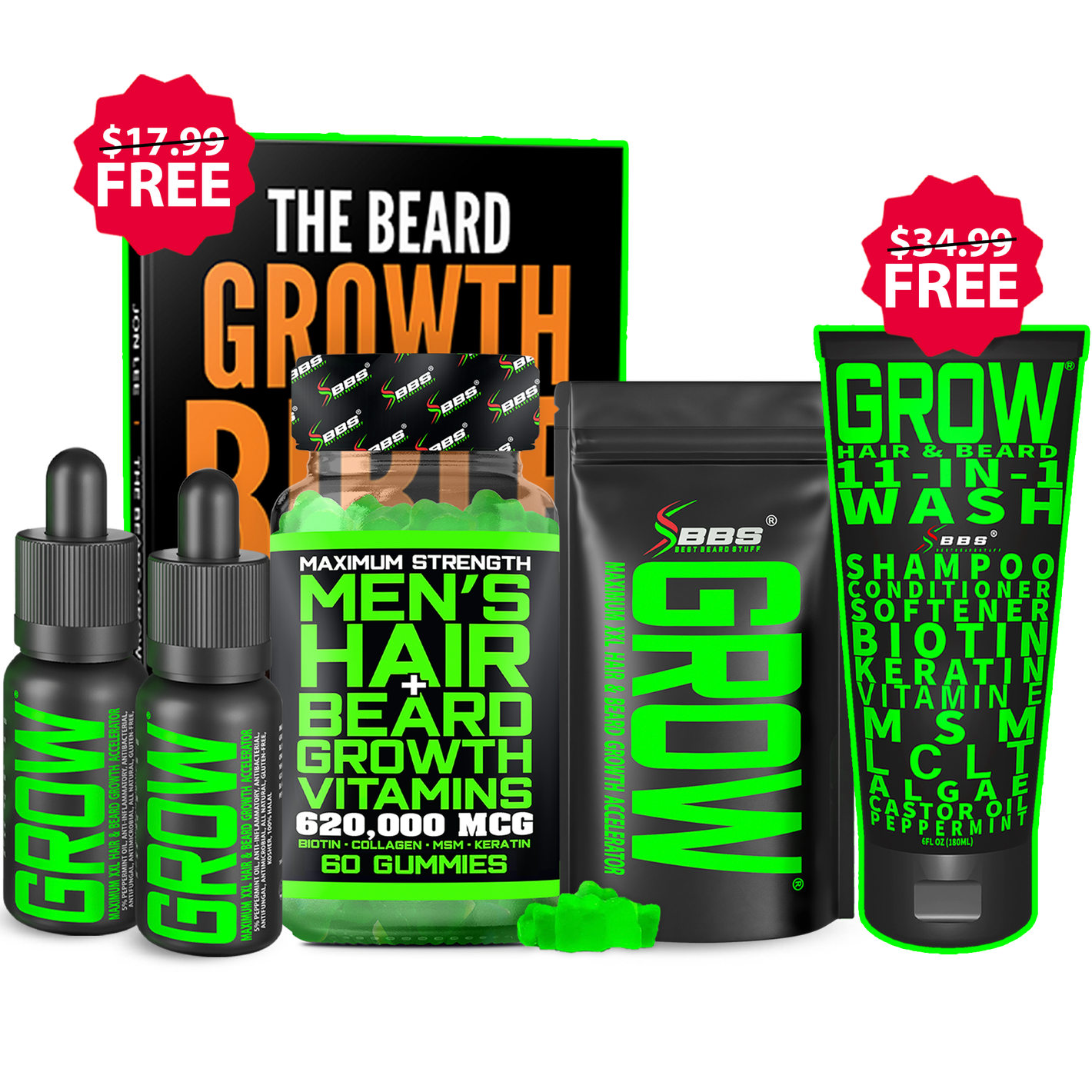 Complete Beard Growth Kit - (2) Bottles of GROW® XXL + (1) MAXIMUM Strength Gummies + FREE Gifts -